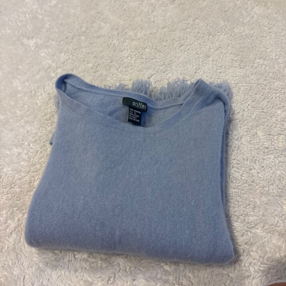 Womens Blue Cashmere Fringe Sweater XL Quiet Luxury Preppy Fall Chic Designer